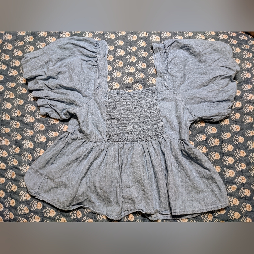 Old Navy Chambray Puff Sleeve Sweetheart Neckline Define Waist Top sz L - Picture 13 of 14
